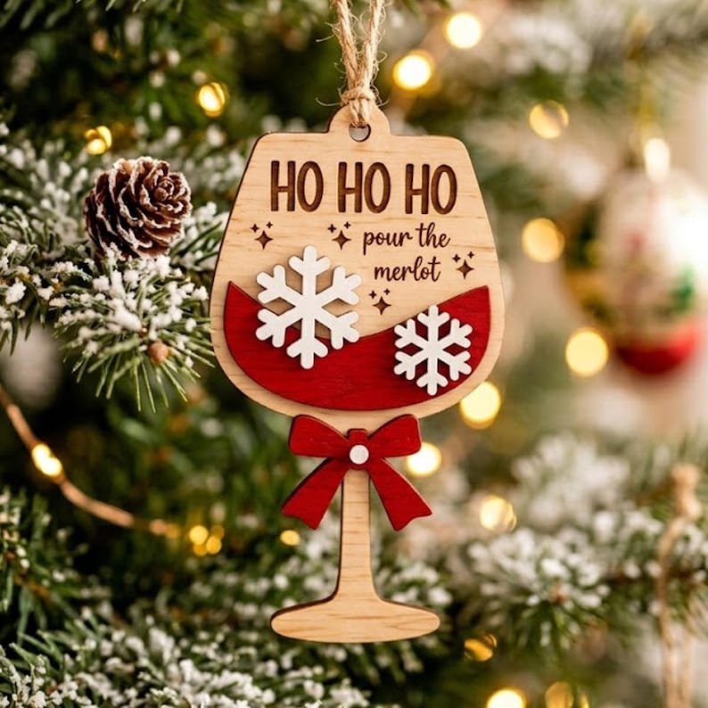 Christmas Wine Glass Wooden Ornament, Christmas Tree Decor, Wine Lover Gift, Holiday Bar Decoration, Christmas Tree Hanging Decor WOODOR01