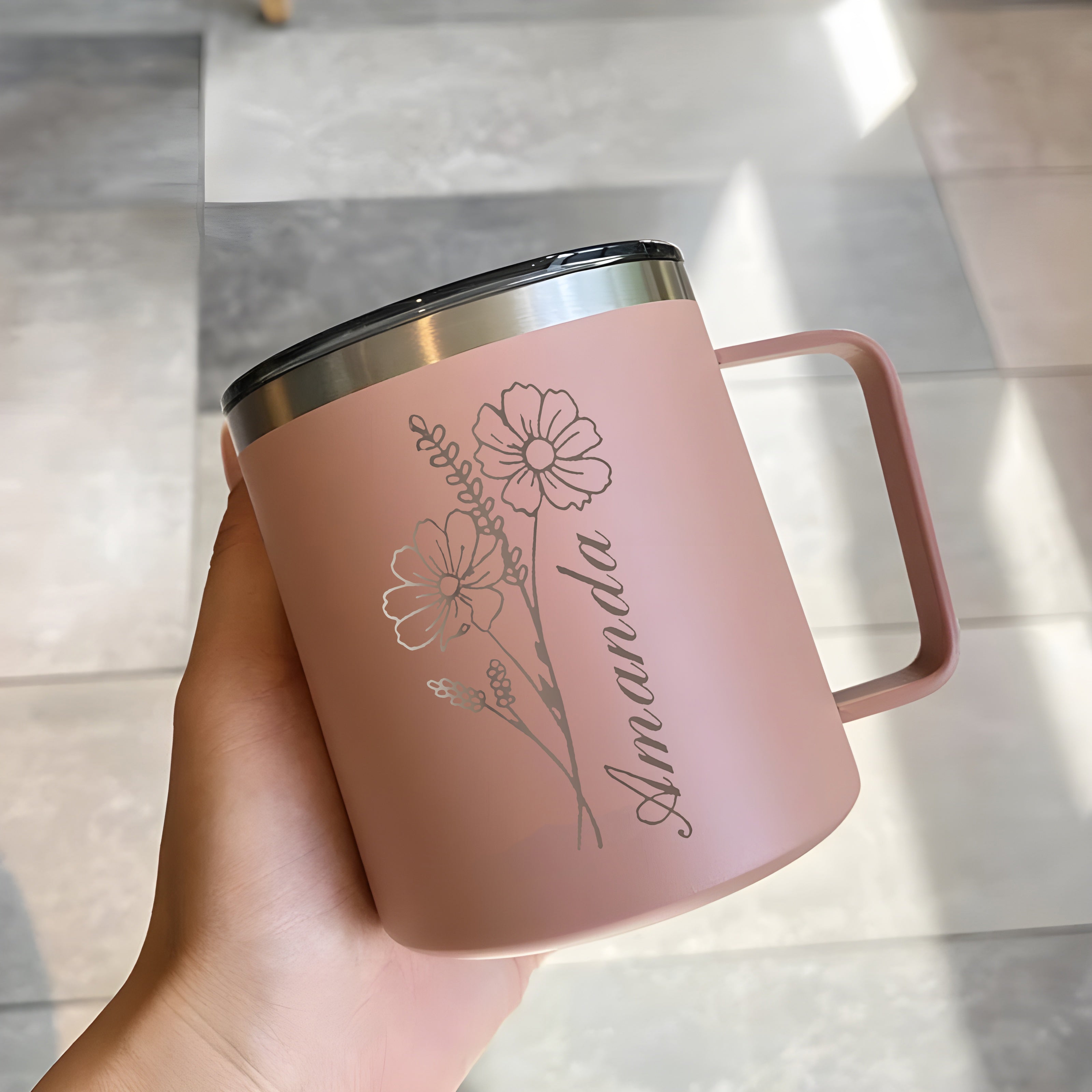 Personalized Engraved 12oz Birth Flowers with Handle Coffee Mug, Bridesmaid Gift, Custom Name Travel Cup, Birthday Gift, Gift For Her Mother