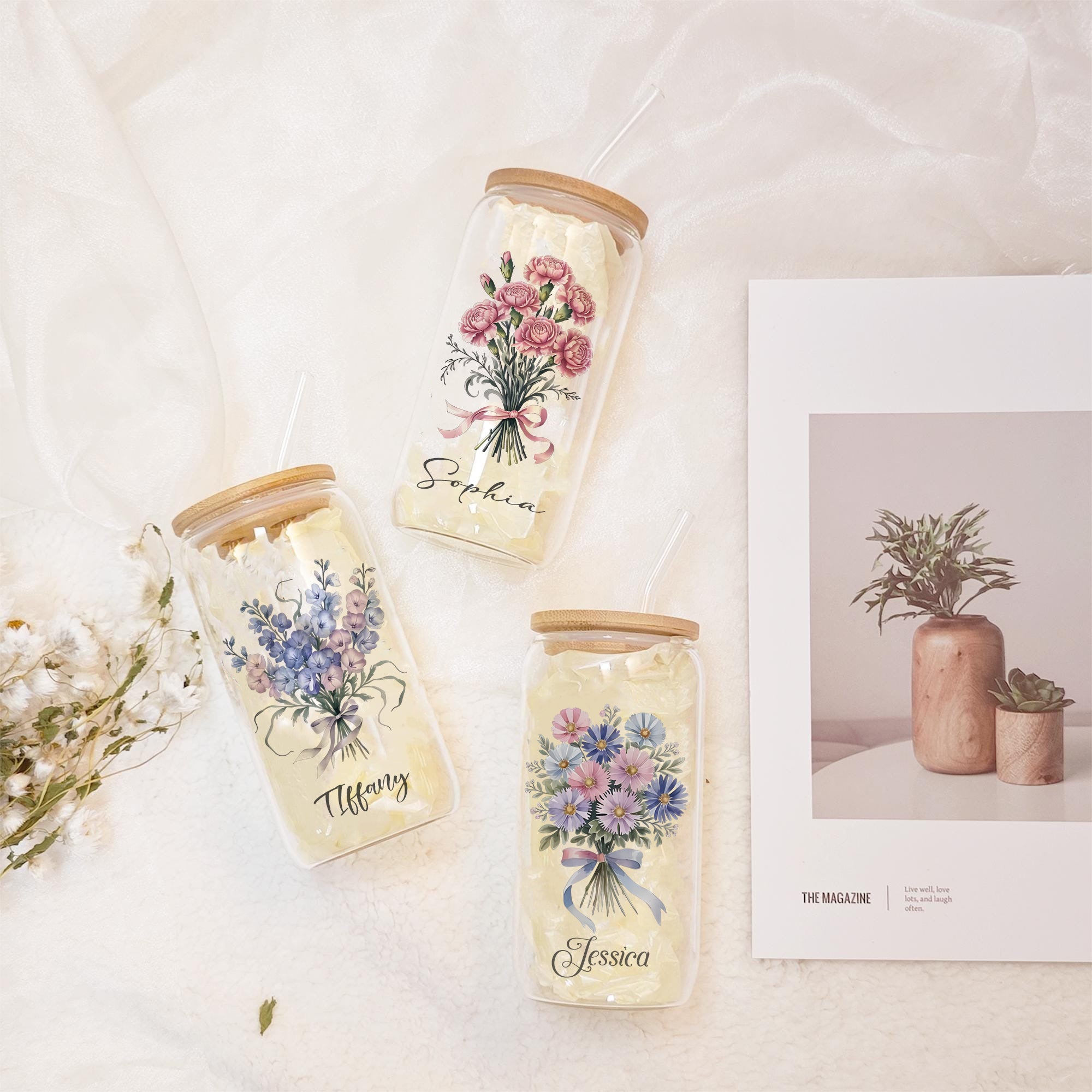 Personalized Birth Flower Glass Cup with Bamboo Lid and Straw, Custom Name Iced Coffee Tumbler, Birthday Month Floral Gift for Her