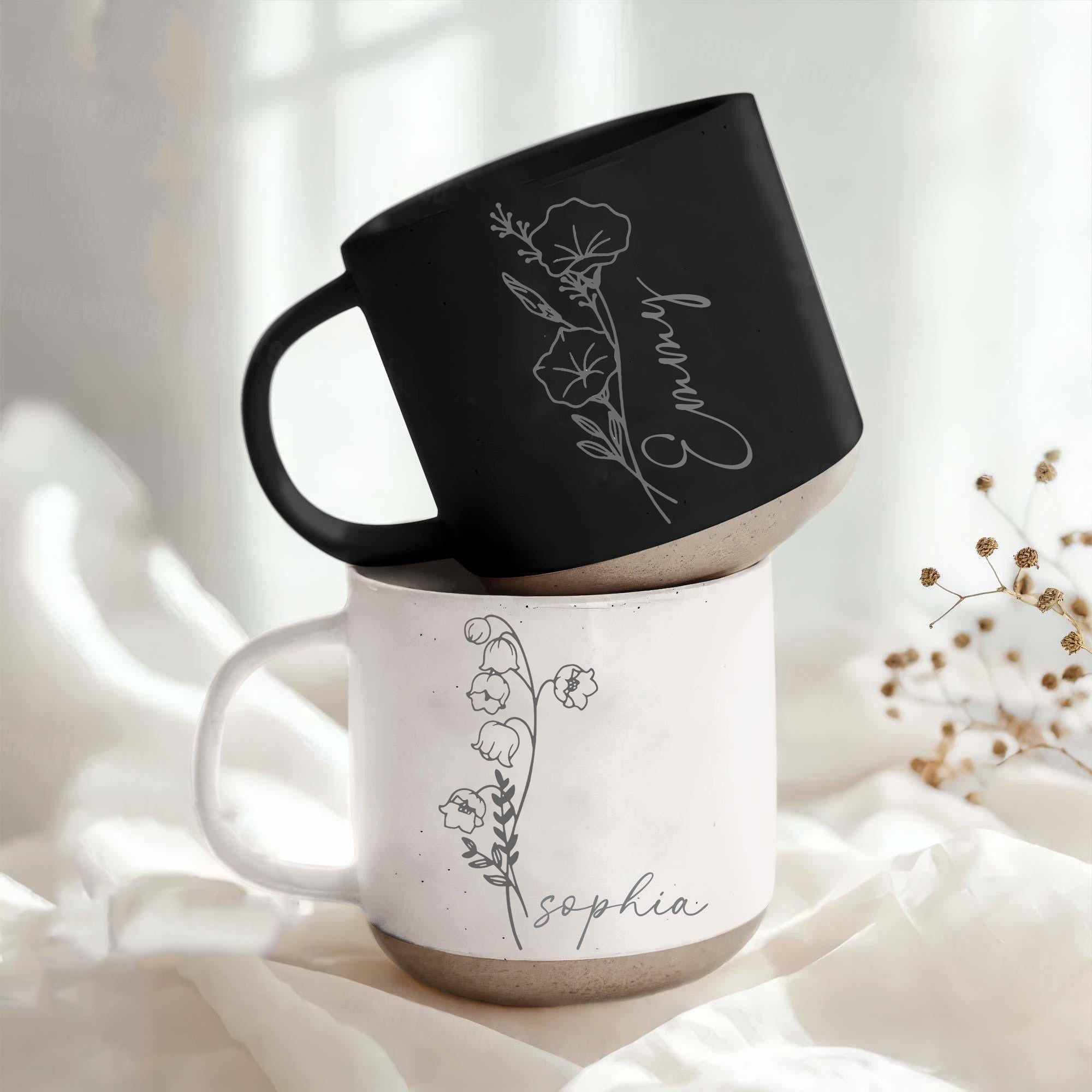 Personalized Birth Flower Engraved Pottery Mug, Custom Ceramic Coffee Cup with Name, Unique Gift, Handmade Drinkware