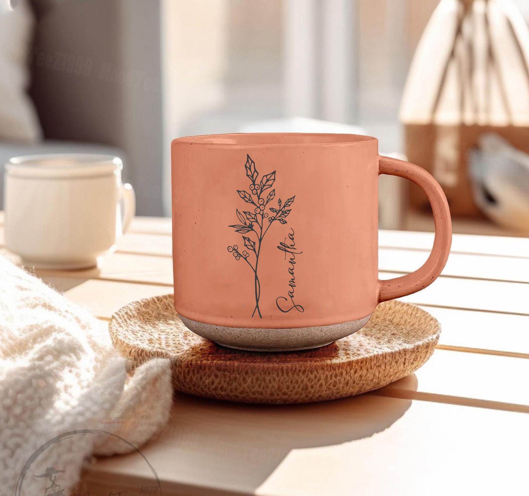 Personalized Birth Flower Engraved Pottery Mug, Custom Ceramic Coffee Cup with Name, Unique Gift, Handmade Drinkware
