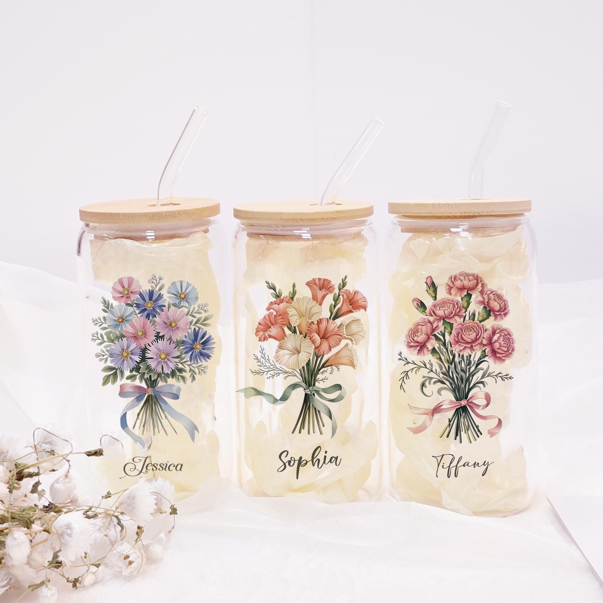 Personalized Birth Flower Glass Cup with Bamboo Lid and Straw, Custom Name Iced Coffee Tumbler, Birthday Month Floral Gift for Her