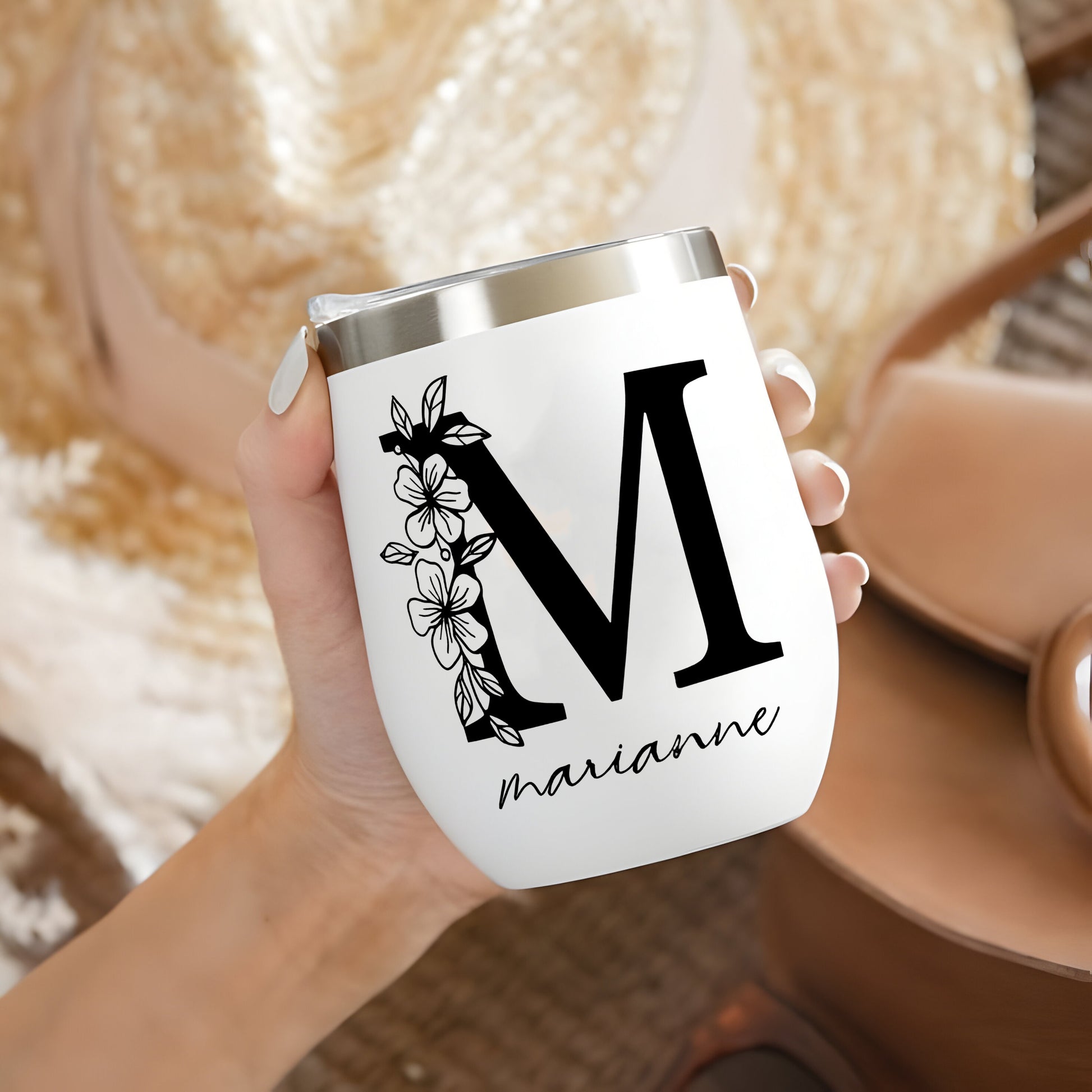 Personalized Flower Girl 12oz Edged Wine Tumbler With Name, Custom Birth Month Flowers Cup, Birthday Gift