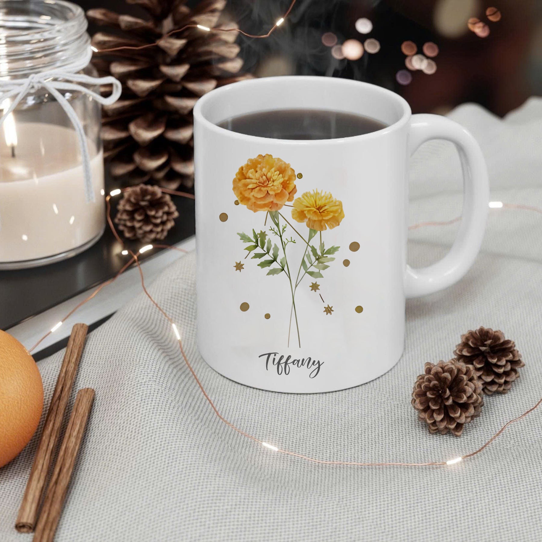 Personalized Birth Flower and Zodiac Sign Mug, Custom Name Coffee Cup, Astrology Floral Constellation Gift for Her Birthday, Bridesmaid, or Mother’s Day