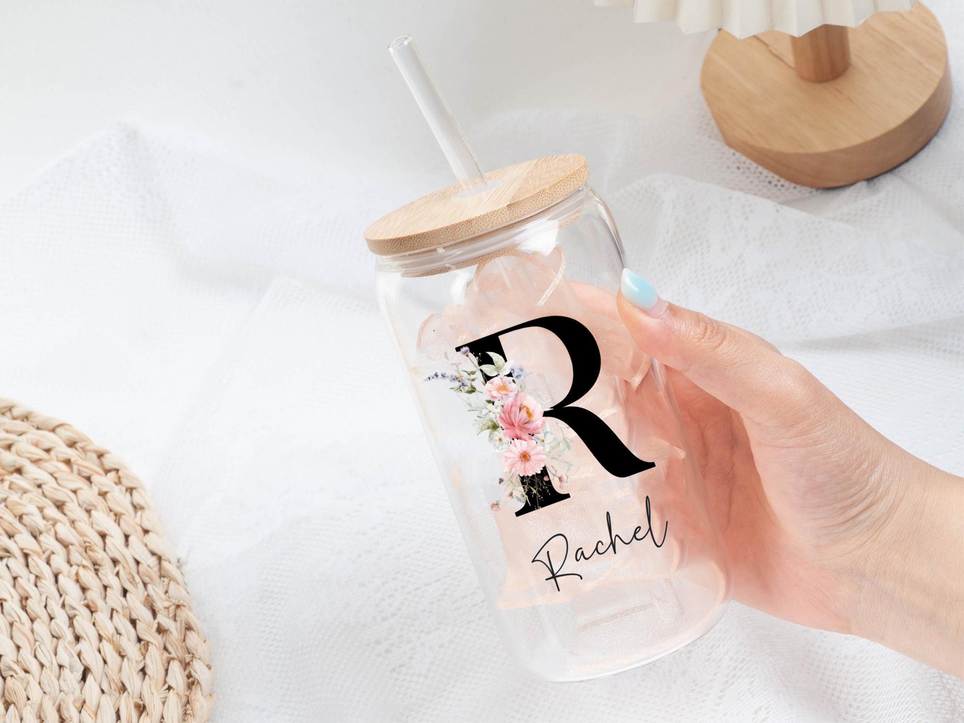 Personalized Flower Girl Glass Can, Floral Tumbler with Lid and Straw, Birth Flower Glass Coffee Cup, Mother's Day Gifts for Her, Bridesmaid Proposal, Party Favor