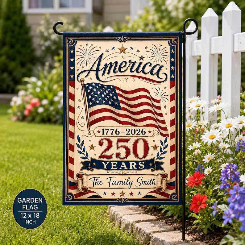 Personalized America 250 Garden Flag, Custom Family Name Patriotic Yard Flag, 1776-2026 Fourth of July House Flag, USA Outdoor Decor Gift. GFPETAL09