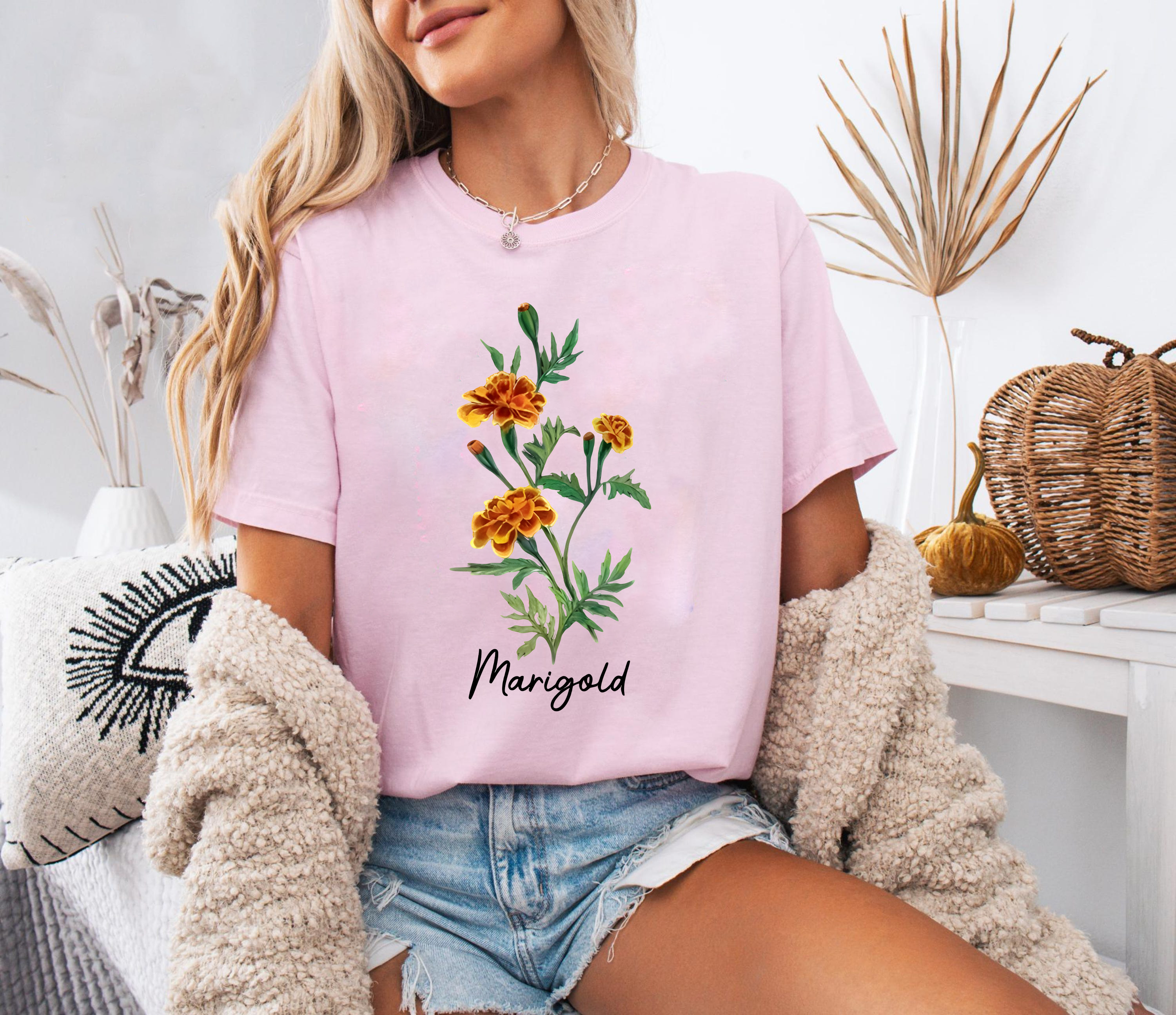 Marigold Flower Shirt, Vintage Botanical Graphic Tee, Floral Nature T-Shirt, Garden Lover Gift, Boho Plant Print Top