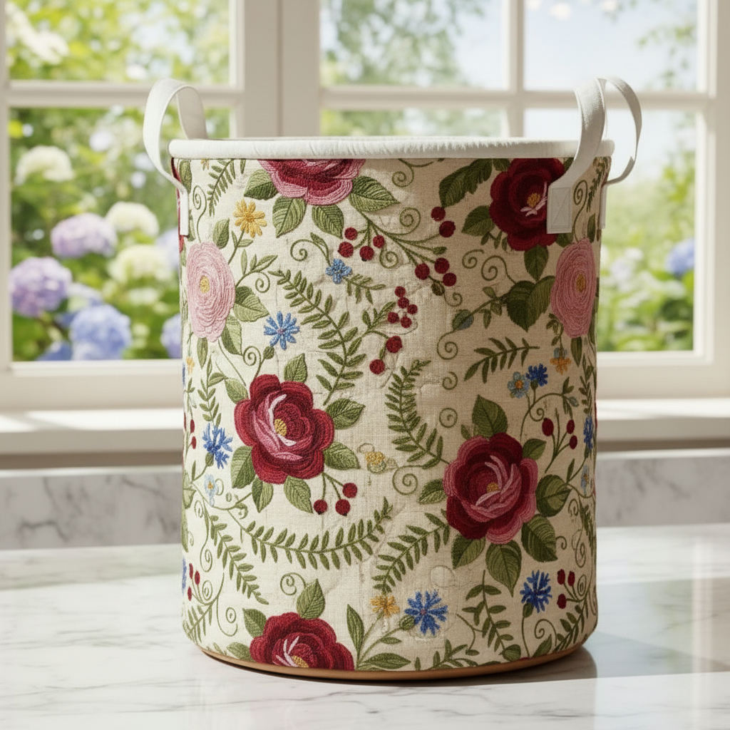 Quilted Laundry Basket Vintage Floral, Cottagecore Flower Storage Bin, Fabric Organizer Hamper for Home Decor