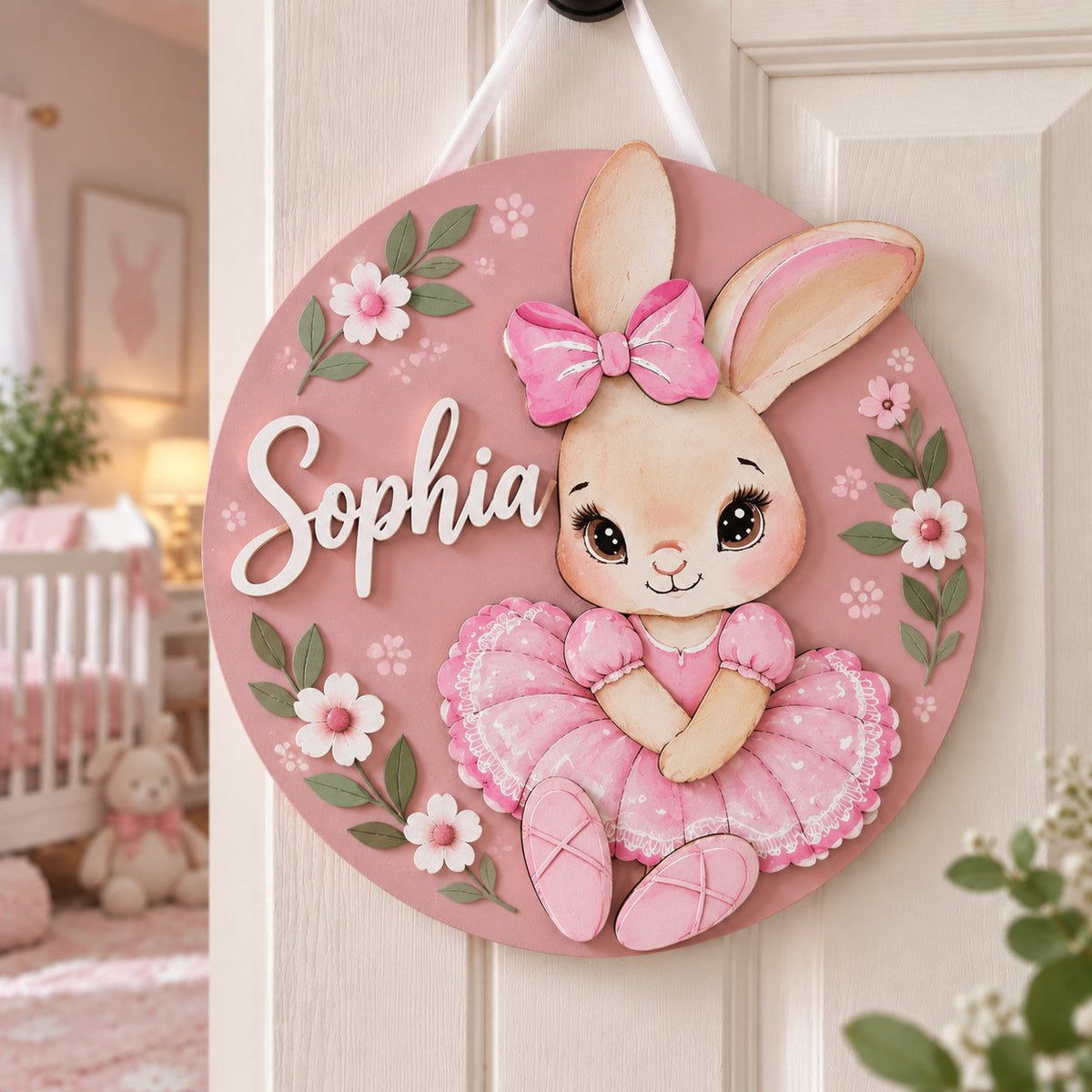 Personalized Bunny Wooden Name Sign, Custom Baby Girl Door Hanger, Pink Floral Nursery Decor, Rabbit Baby Room Sign WOODKID16