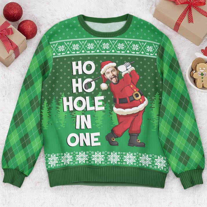 Personalized Photo Golf Ugly Christmas Sweater, Custom Ho Ho Hole In One - Photo Shirt, Unisex Kid Adult Sweater, Christmas Party Shirt, Holiday Sweatshirts, Xmas Outfit, Christmas Gift UXMAS20