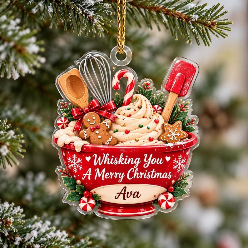 Personalized Baking Christmas Ornament, Whisking You A Merry Christmas Acrylic Ornament, Gingerbread Mixing Bowl, Baker Kitchen Xmas Decor ACRYLICOR19