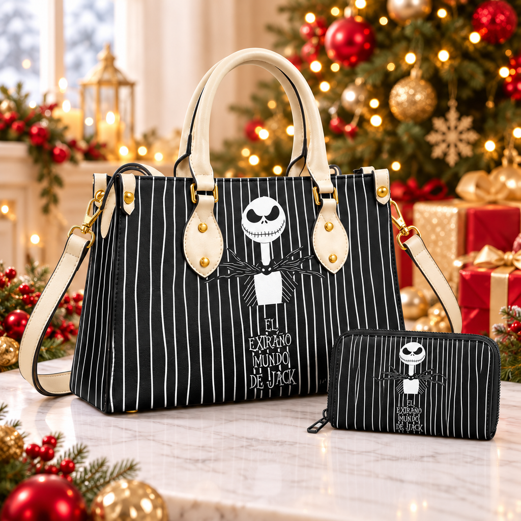 The Nightmare Before Christmas Leather Handbag, Jack Skellington Leather Tote Bag, Skellington Wallet Purse, Custom Bag Gift SBAG02