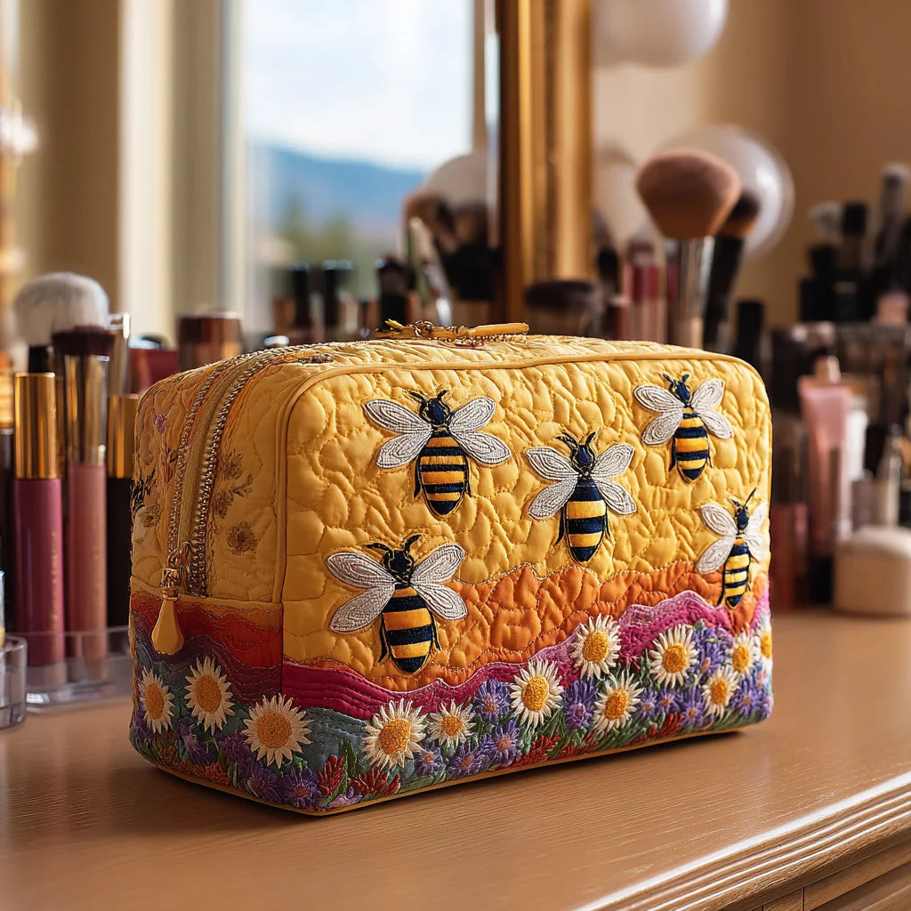 Quilted Honey Bee Makeup Bag, Wildflower Bee Cosmetic Pouch, Travel Toiletry Organizer – QMBPETAL20