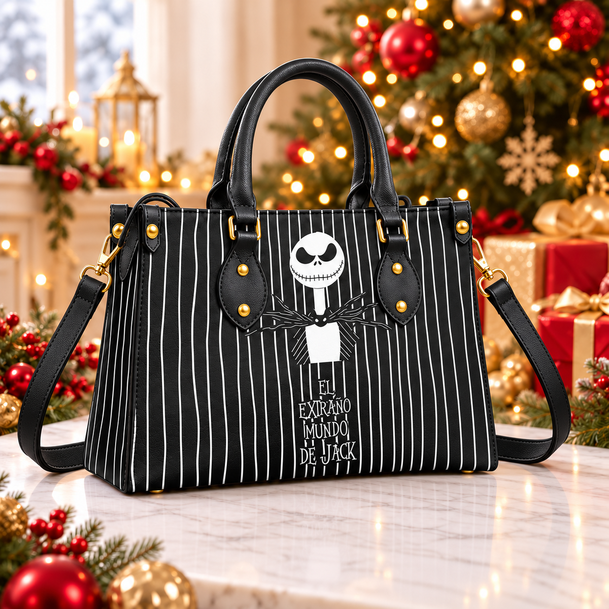 The Nightmare Before Christmas Leather Handbag, Jack Skellington Leather Tote Bag, Skellington Wallet Purse, Custom Bag Gift SBAG02