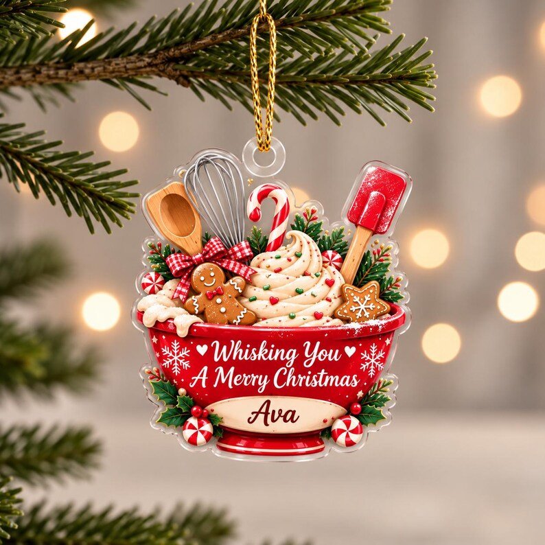 Personalized Baking Christmas Ornament, Whisking You A Merry Christmas Acrylic Ornament, Gingerbread Mixing Bowl, Baker Kitchen Xmas Decor ACRYLICOR19