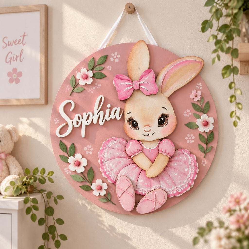 Personalized Bunny Wooden Name Sign, Custom Baby Girl Door Hanger, Pink Floral Nursery Decor, Rabbit Baby Room Sign WOODKID16