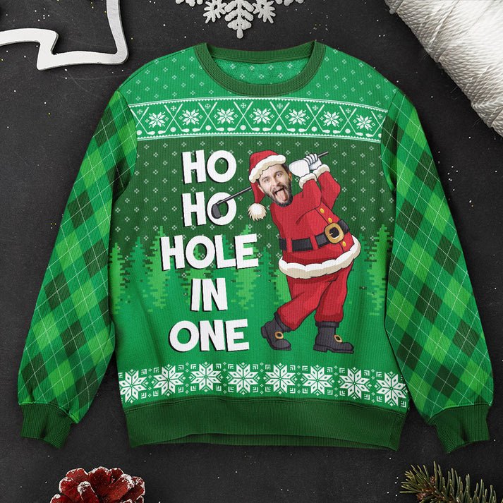 Personalized Photo Golf Ugly Christmas Sweater, Custom Ho Ho Hole In One - Photo Shirt, Unisex Kid Adult Sweater, Christmas Party Shirt, Holiday Sweatshirts, Xmas Outfit, Christmas Gift UXMAS20
