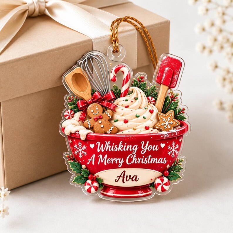 Personalized Baking Christmas Ornament, Whisking You A Merry Christmas Acrylic Ornament, Gingerbread Mixing Bowl, Baker Kitchen Xmas Decor ACRYLICOR19