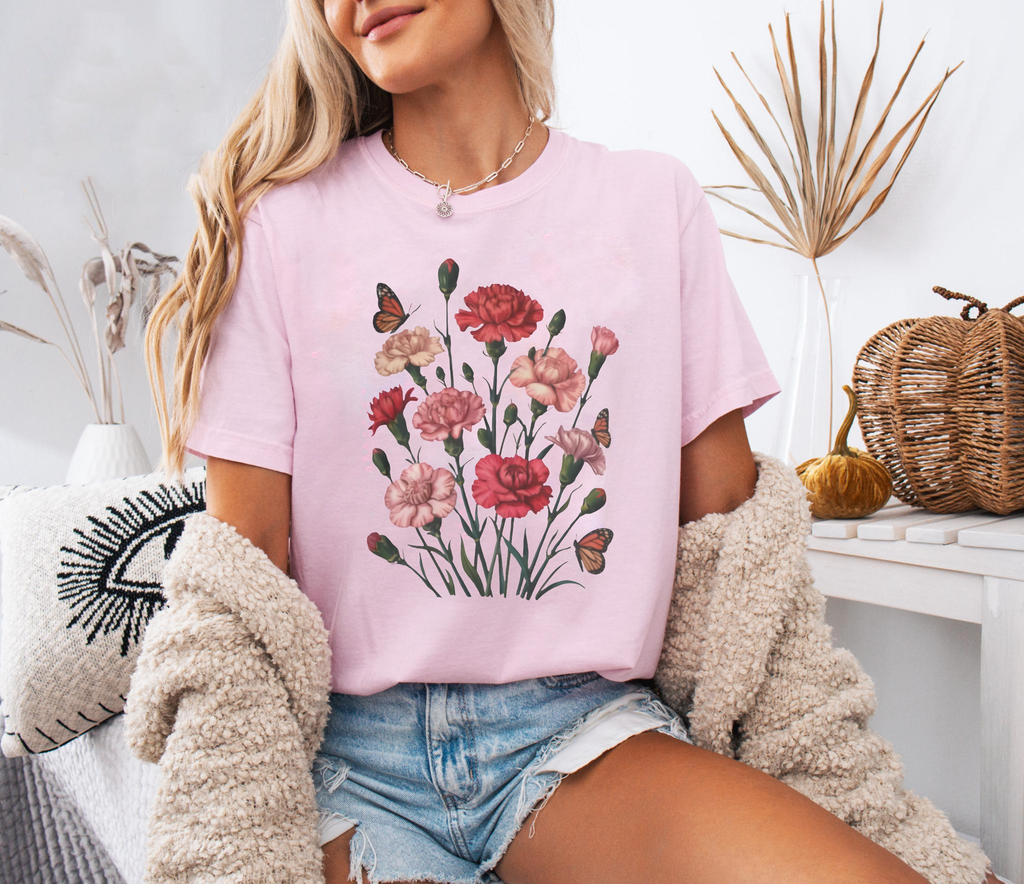 Carnation Flower Shirt, Floral Graphic Tee, Butterfly Carnation T-Shirt, Botanical Flower Lover Gift, Cute Garden Shirt