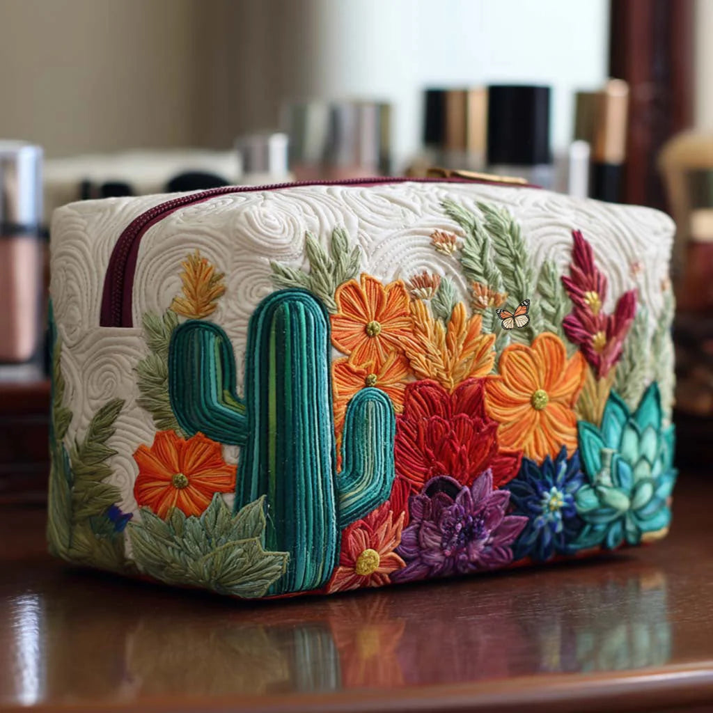 Quilted Desert Bloom Makeup Bag, Cactus Floral Cosmetic Pouch, Travel Toiletry Organizer – QMBPETAL21