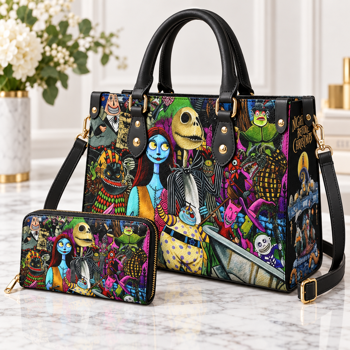 The Nightmare Before Christmas Leather Handbag, Jack Skellington Leather Tote Bag, Skellington Wallet Purse, Custom Bag Gift SBAG03