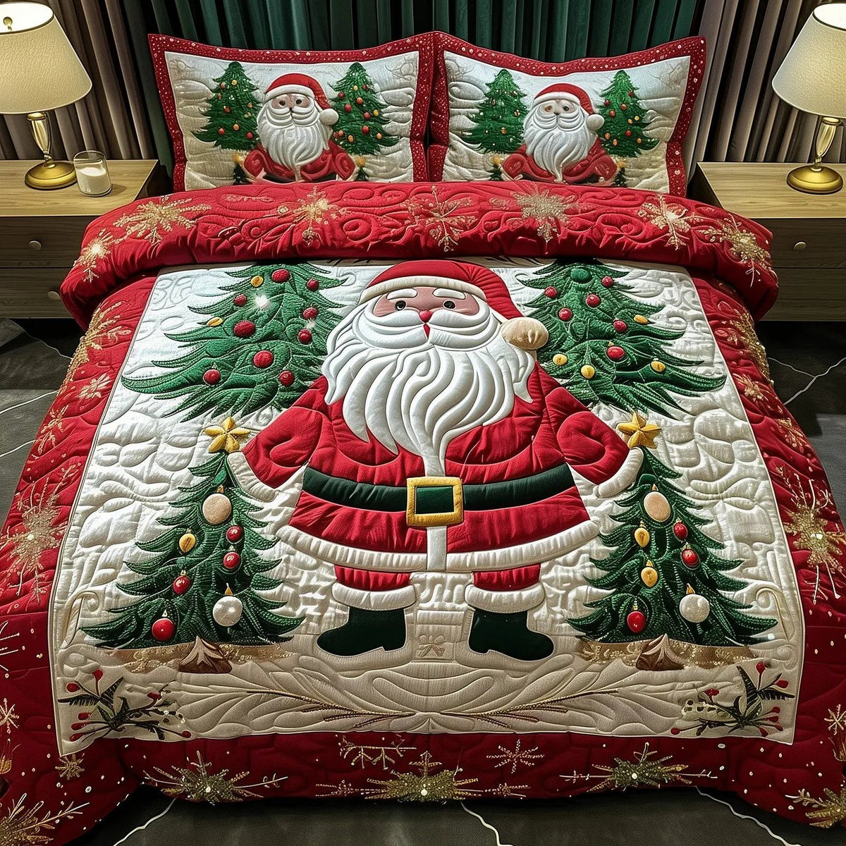 Santa Christmas Quilted Bedding Set, Santa Patchwork Bedspread with Pillowcases, Festive Winter Bedroom Decor, Bedding Decor PTBED53