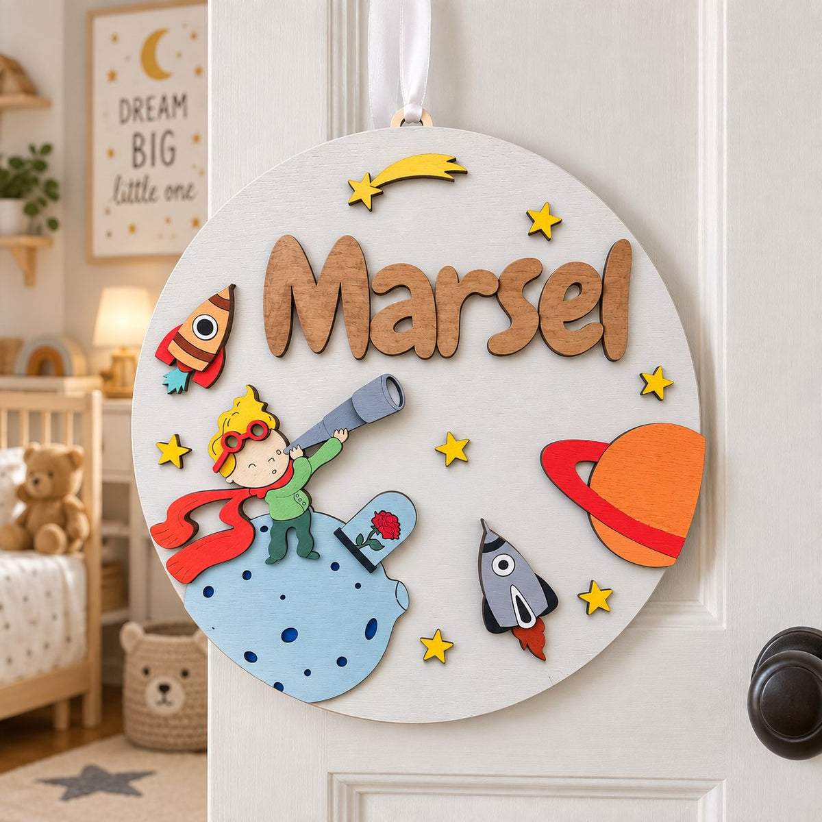 Personalized Space Adventure Wooden Sign, Custom Boy Name Door Hanger, Rocket Planet Nursery Decor, Kids Room Wall Sign WOODKID17
