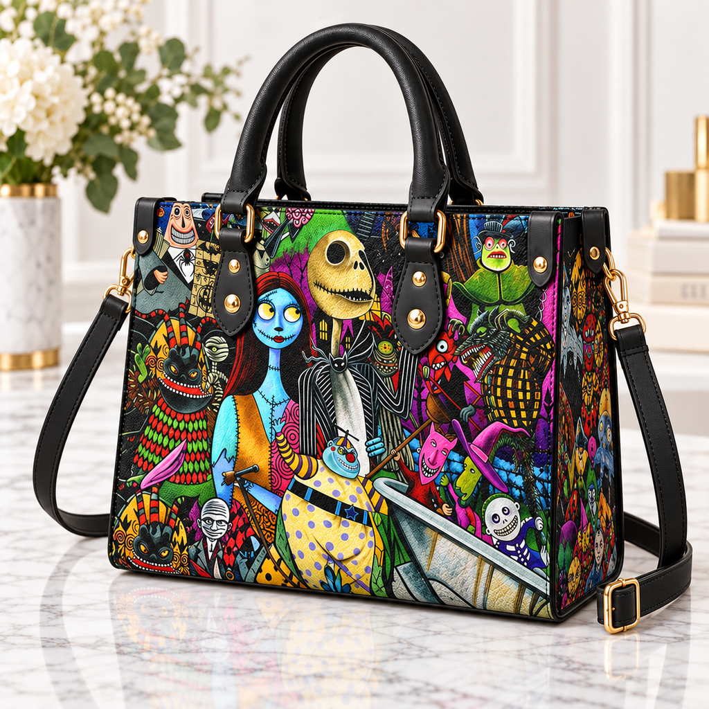 The Nightmare Before Christmas Leather Handbag, Jack Skellington Leather Tote Bag, Skellington Wallet Purse, Custom Bag Gift SBAG03