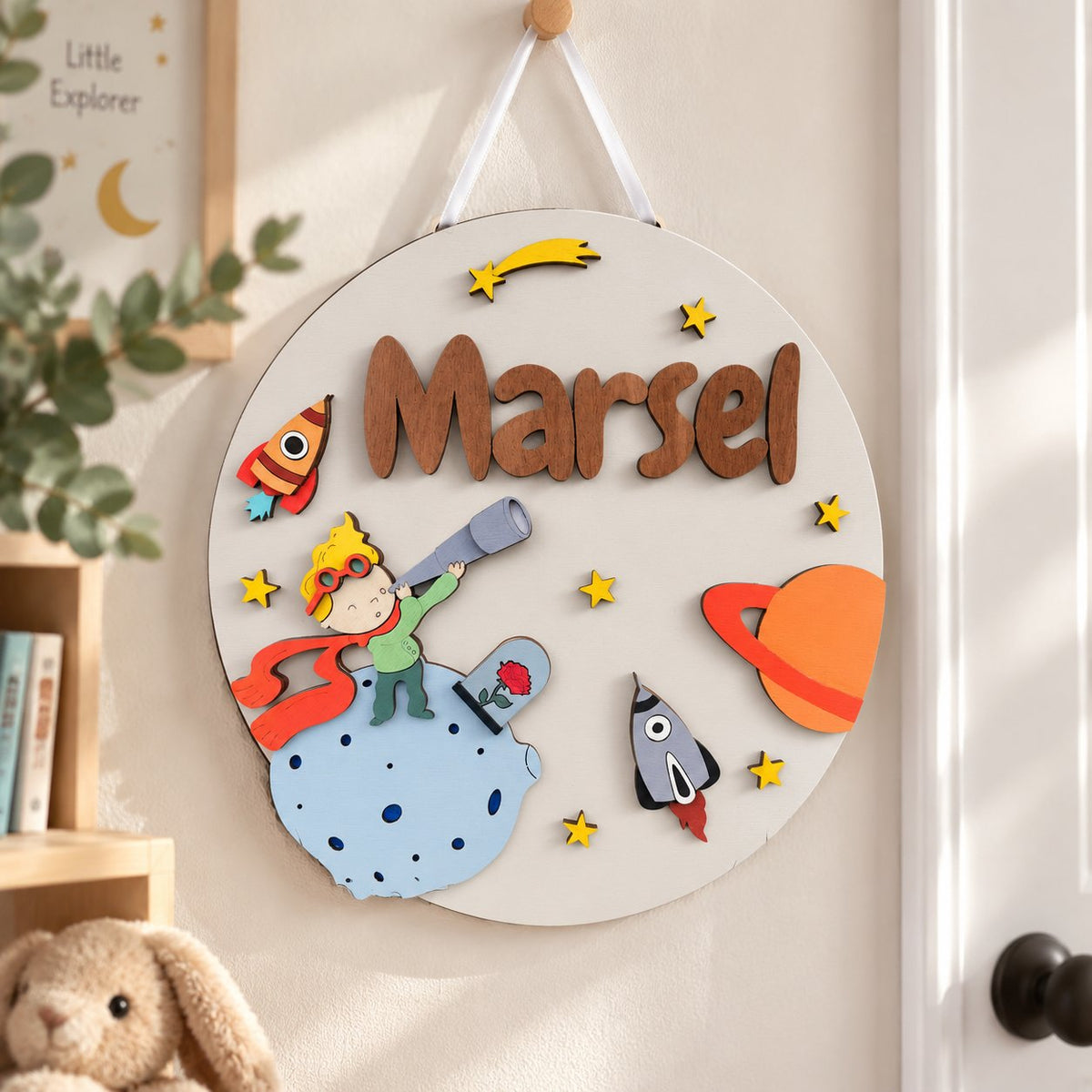Personalized Space Adventure Wooden Sign, Custom Boy Name Door Hanger, Rocket Planet Nursery Decor, Kids Room Wall Sign WOODKID17
