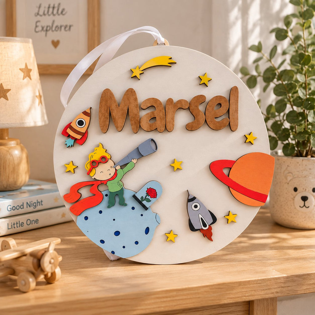 Personalized Space Adventure Wooden Sign, Custom Boy Name Door Hanger, Rocket Planet Nursery Decor, Kids Room Wall Sign WOODKID17