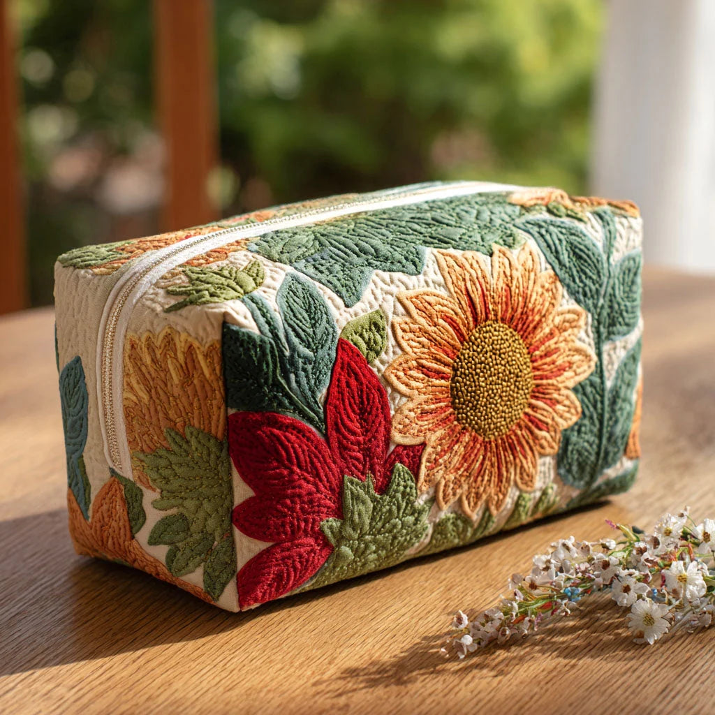 Quilted Sunflower Meadow Makeup Bag, Autumn Floral Cosmetic Pouch, Travel Toiletry Organizer – QMBPETAL22