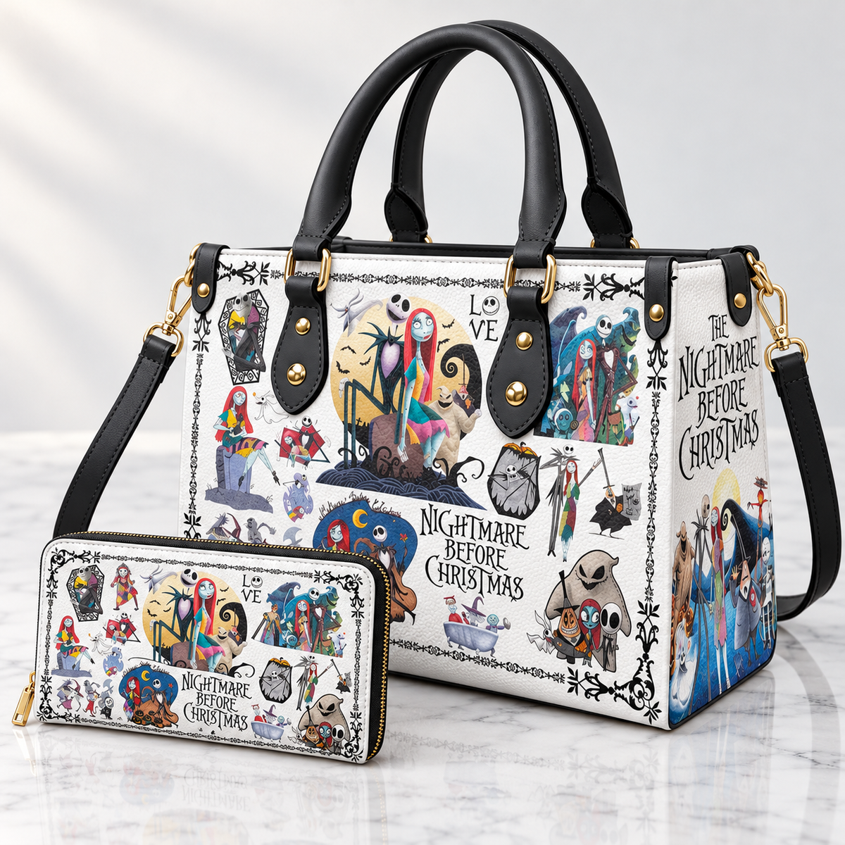 The Nightmare Before Christmas Leather Handbag, Jack And Sally Leather Tote Bag, Skellington Wallet Purse, Custom Bag Gift SBAG04