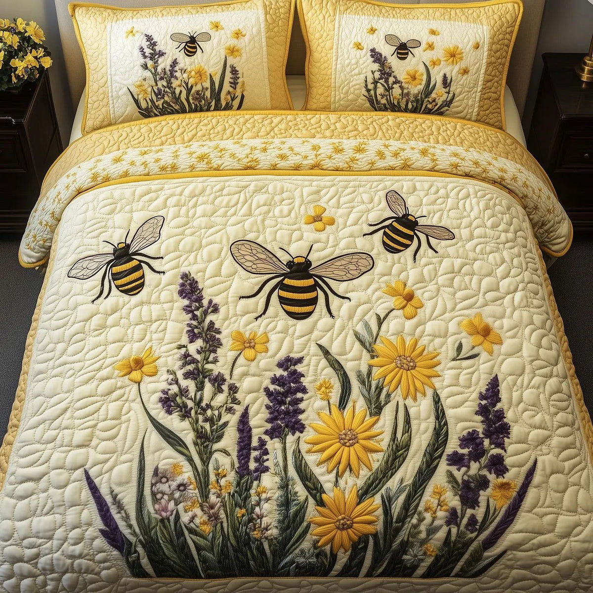 Bee Flower Quilted Bedding Set, Bee Floral Patchwork Bedspread with Pillowcases, Festive Winter Bedroom Decor, Bedding Decor PTBED54