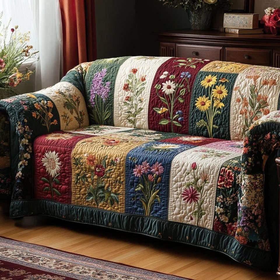 Personalized Floral Pattern Quilted Sofa Cover, Floral Patchwork Sofa Cover, Patchwork Couch Throw, Sofa Protector, Holiday Sofa Decor QUILTSOFA16