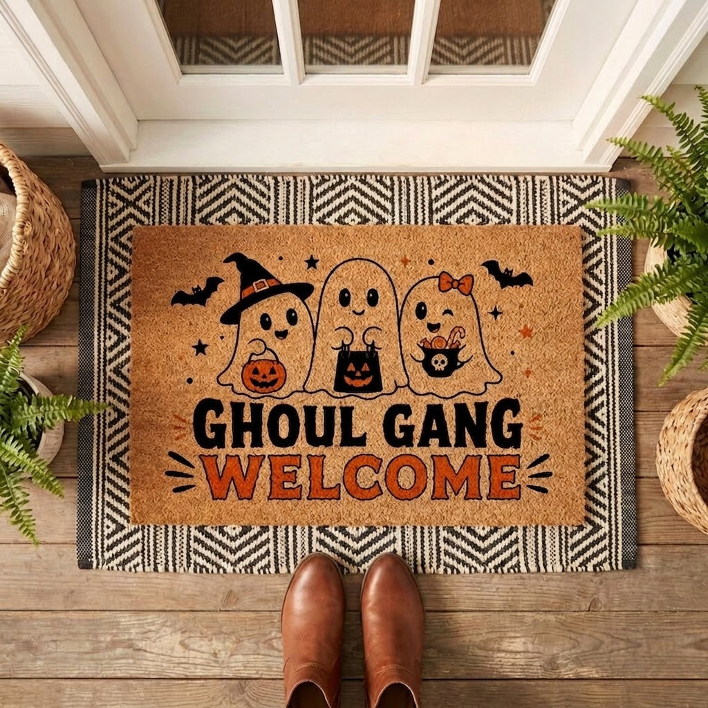 Ghoul Gang Welcome Doormat, Halloween Ghost Coir Mat, Cute Spooky Front Door Mat, Fall Porch Decor. DMPETAL1