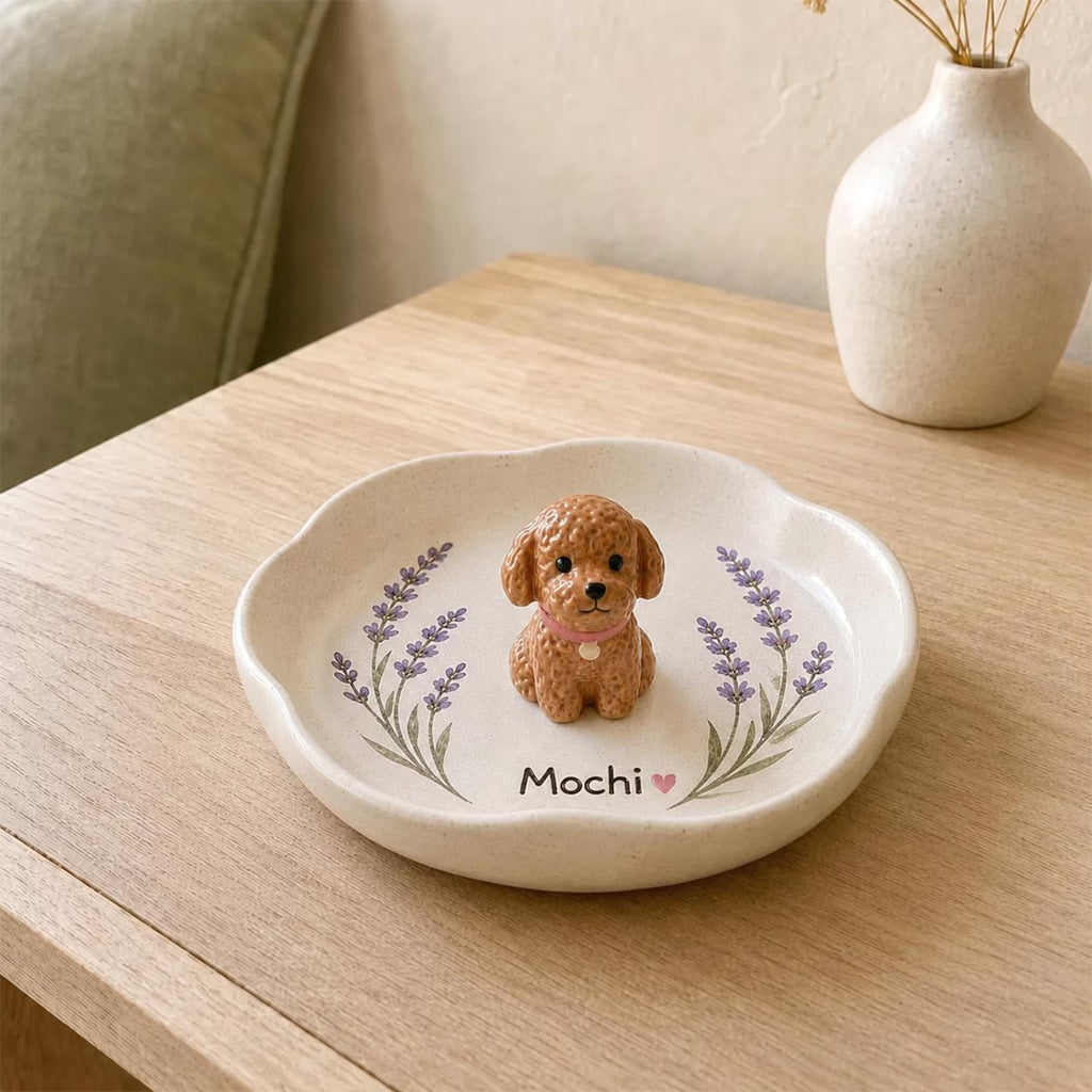Custom Ceramic Pet Ring Dish, Handmade Dog Cat Jewelry Tray, Lavender Keepsake Storage. CPPETAL13