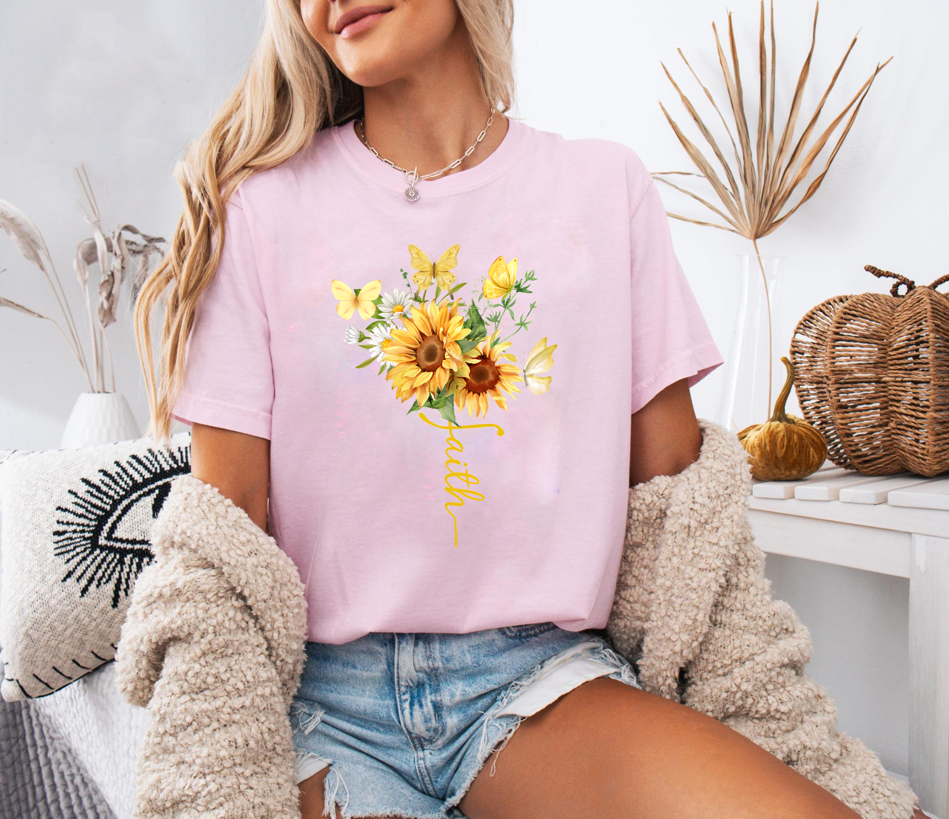 Faith Sunflower Shirt, Christian Graphic Tee, Butterfly Floral T-Shirt, Religious Faith Shirt Gift, Inspirational Shirt