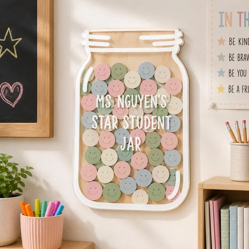 Personalized Teacher Reward Jar, Custom Classroom Incentive Token Board, Pastel Smiley Face Reward System, Back to School Teacher Gift Hook. RJPETAL07