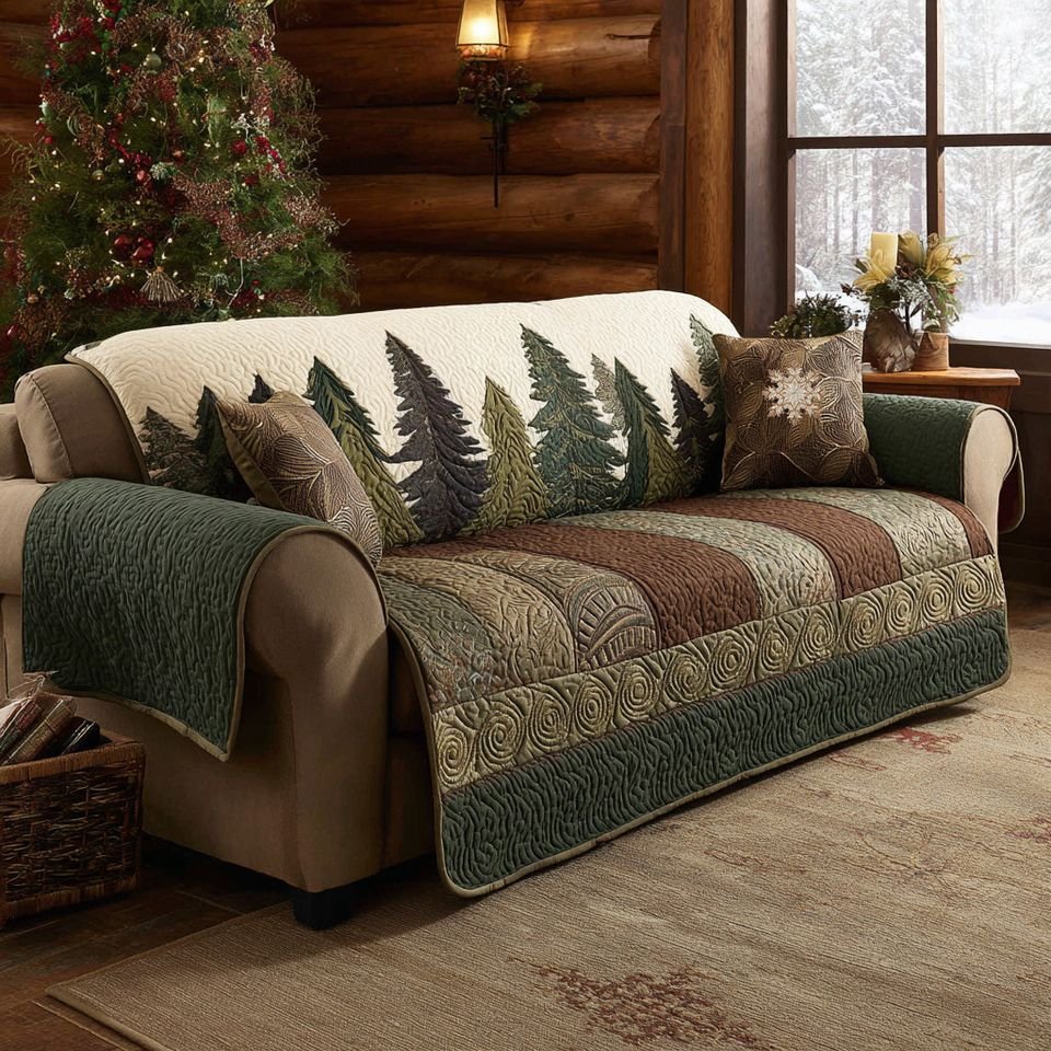 Personalized 	Rustic Pine Trees Quilted Sofa Cover, The Forest Sofa Cover, Patchwork Couch Throw, Sofa Protector, Holiday Sofa Decor QUILTSOFA19