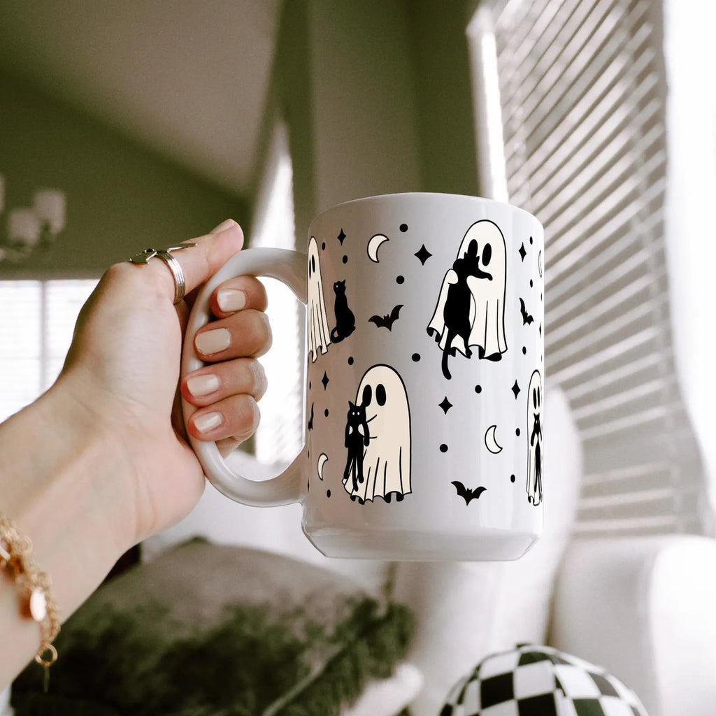 Ghost Holding Cats 15oz Ceramic Coffee Mug - Spooky Cute Halloween Cat Lover Gift - Microwave Dishwasher Safe Sip-Sip Hooray!. MPETAL8