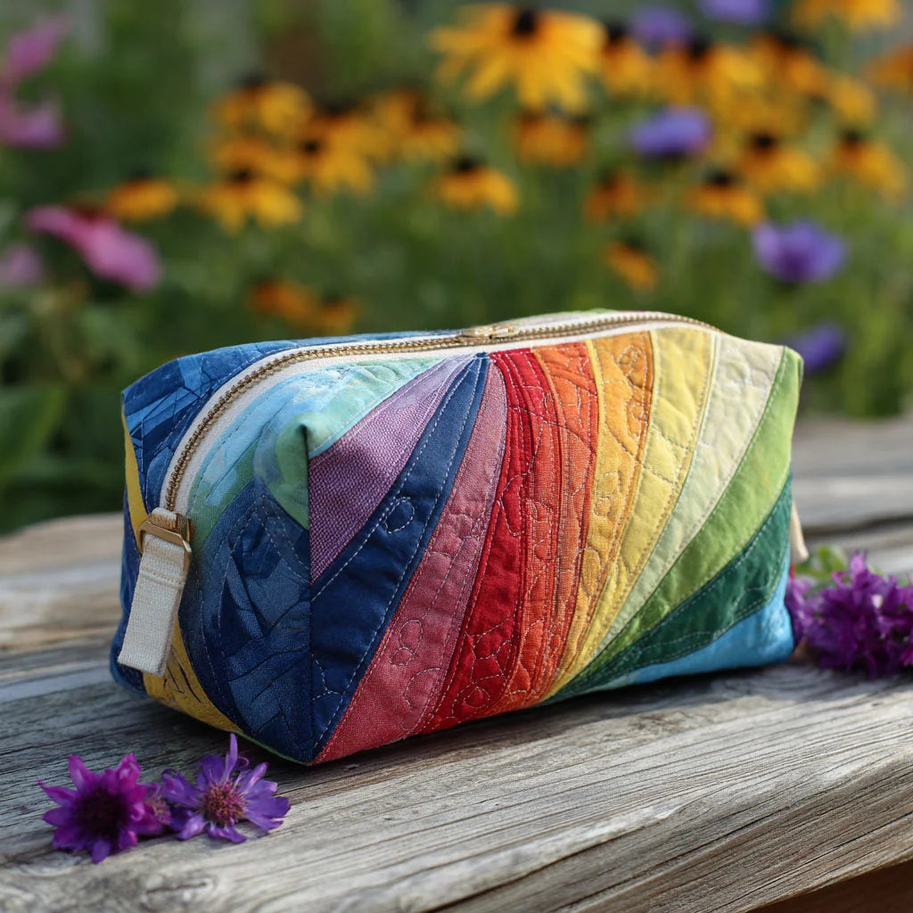 Quilted Rainbow Patchwork Makeup Bag, Colorful Cosmetic Pouch, Travel Toiletry Organizer – QMBPETAL24
