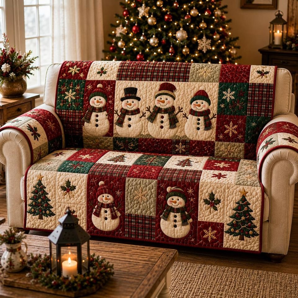 Personalized Christmas Snowman Quilted Sofa Cover, Snowman Sofa Cover, Patchwork Couch Throw, Sofa Protector, Holiday Sofa Decor QUILTSOFA20