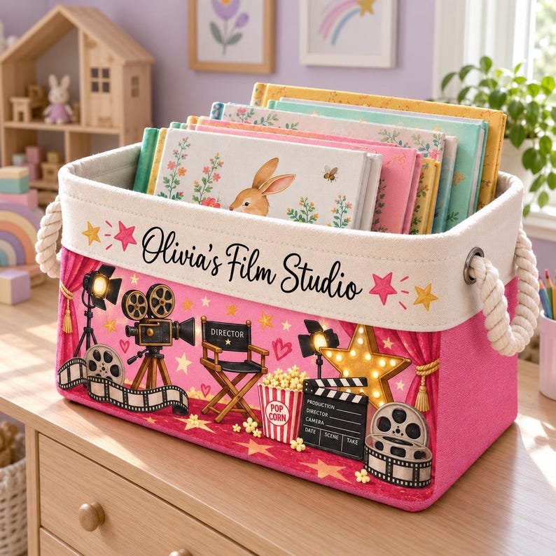 Movie Studio Book Storage Basket, Pink Film Director Canvas Toy Bin, Pink Basket Gift BBPETAL31