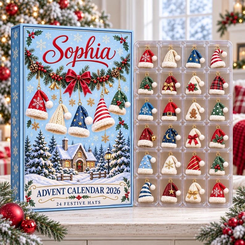 Personalized Christmas Advent Calendar 2026, 24 Festive Hat Ornaments, Custom Name Holiday Countdown, Santa Hat Gift for Kids AXMAS24