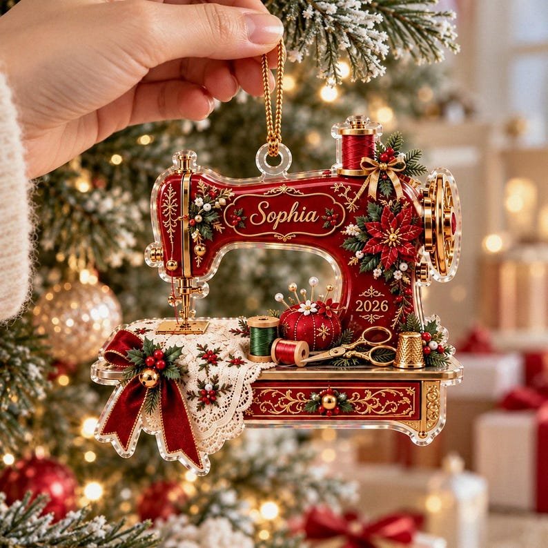Personalized Sewing Machine Ornament, Custom Name Quilter Gift, Acrylic Christmas Keepsake ACRYLICOR23
