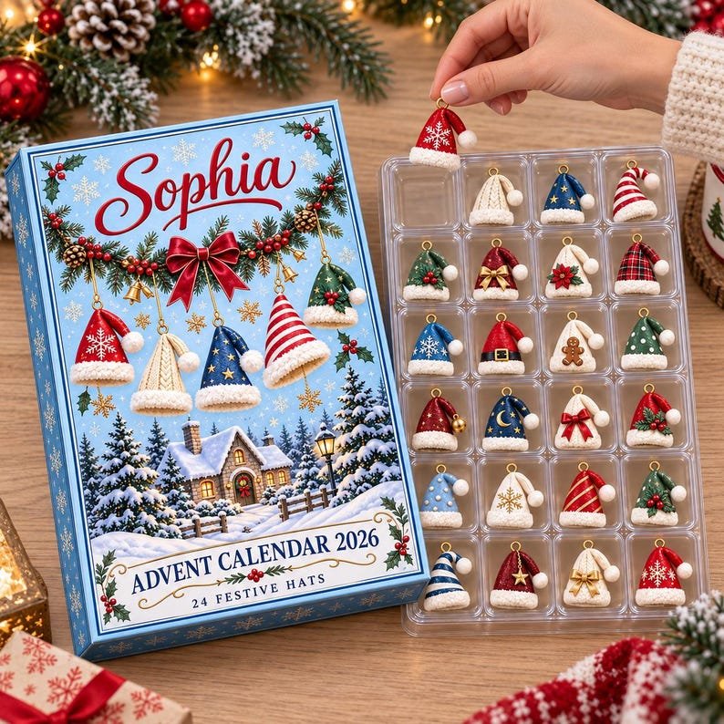 Personalized Christmas Advent Calendar 2026, 24 Festive Hat Ornaments, Custom Name Holiday Countdown, Santa Hat Gift for Kids AXMAS24