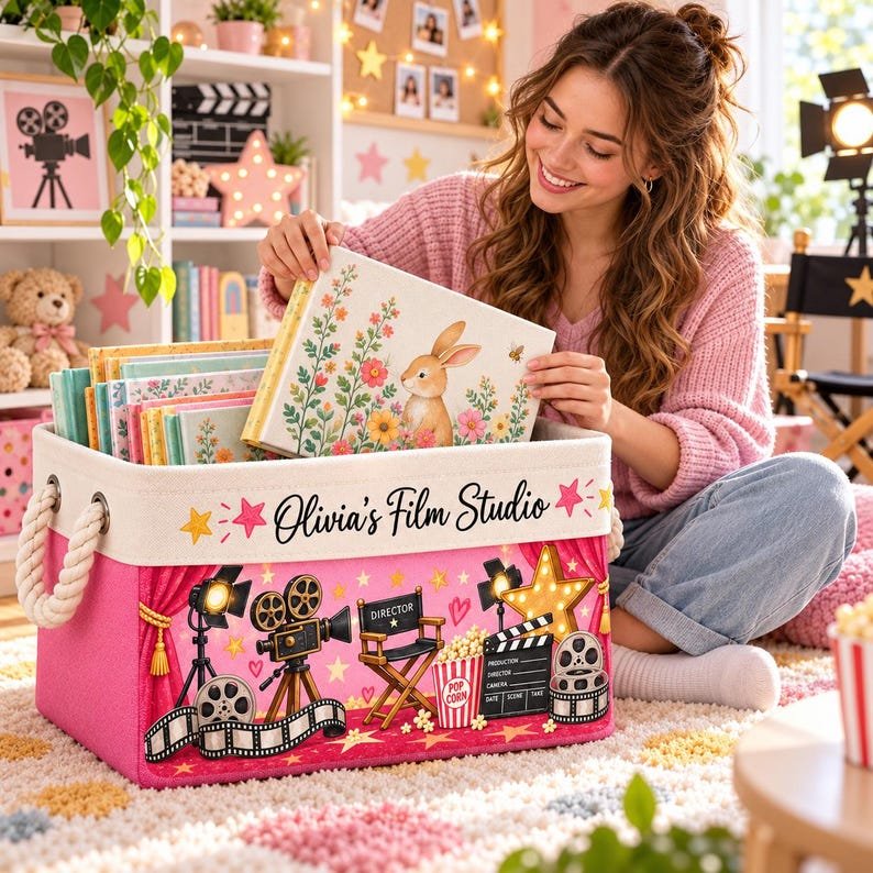 Movie Studio Book Storage Basket, Pink Film Director Canvas Toy Bin, Pink Basket Gift BBPETAL31