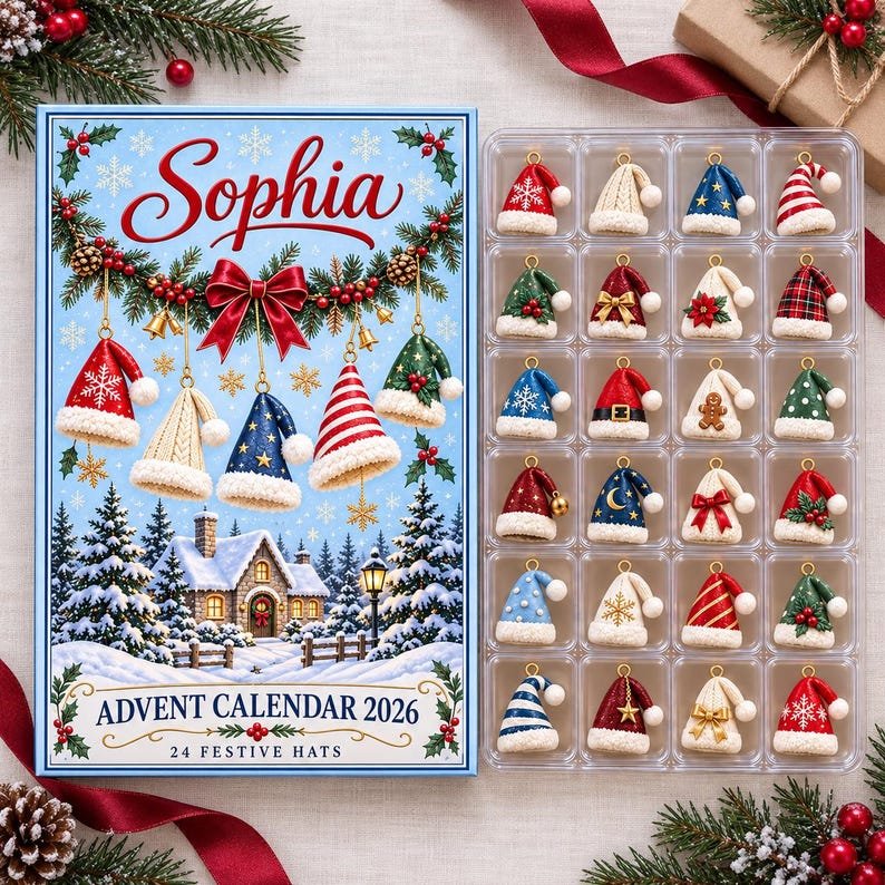 Personalized Christmas Advent Calendar 2026, 24 Festive Hat Ornaments, Custom Name Holiday Countdown, Santa Hat Gift for Kids AXMAS24