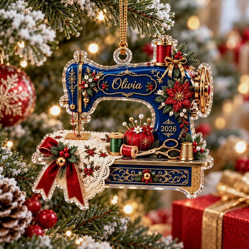 Personalized Sewing Machine Ornament, Custom Name Quilter Gift, Acrylic Christmas Keepsake ACRYLICOR23