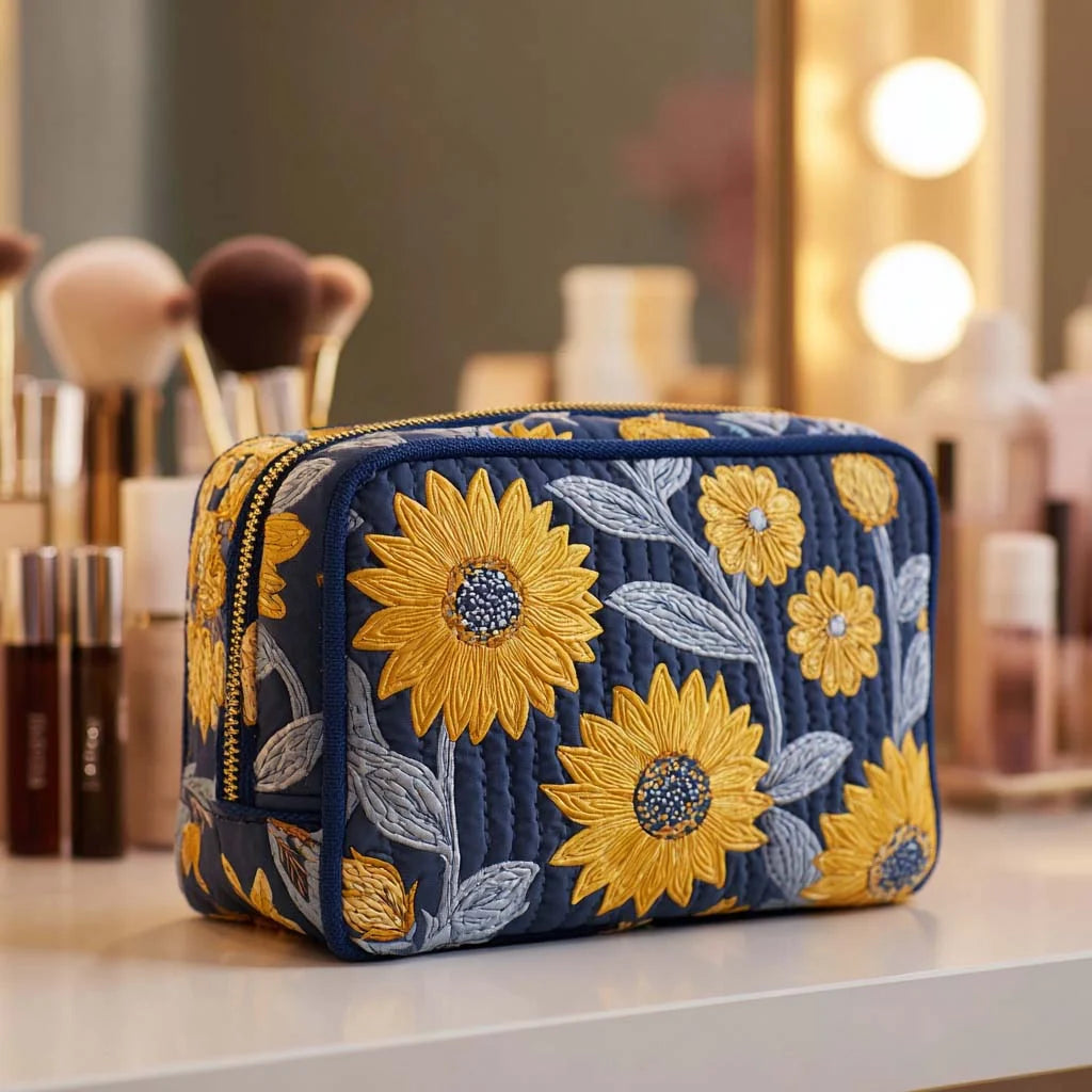 Quilted Navy Sunflower Makeup Bag, Yellow Floral Cosmetic Pouch, Travel Toiletry Organizer – QMBPETAL25